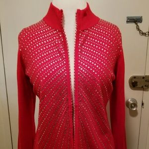 Red rhinestone zip frton sweater, L, NWT